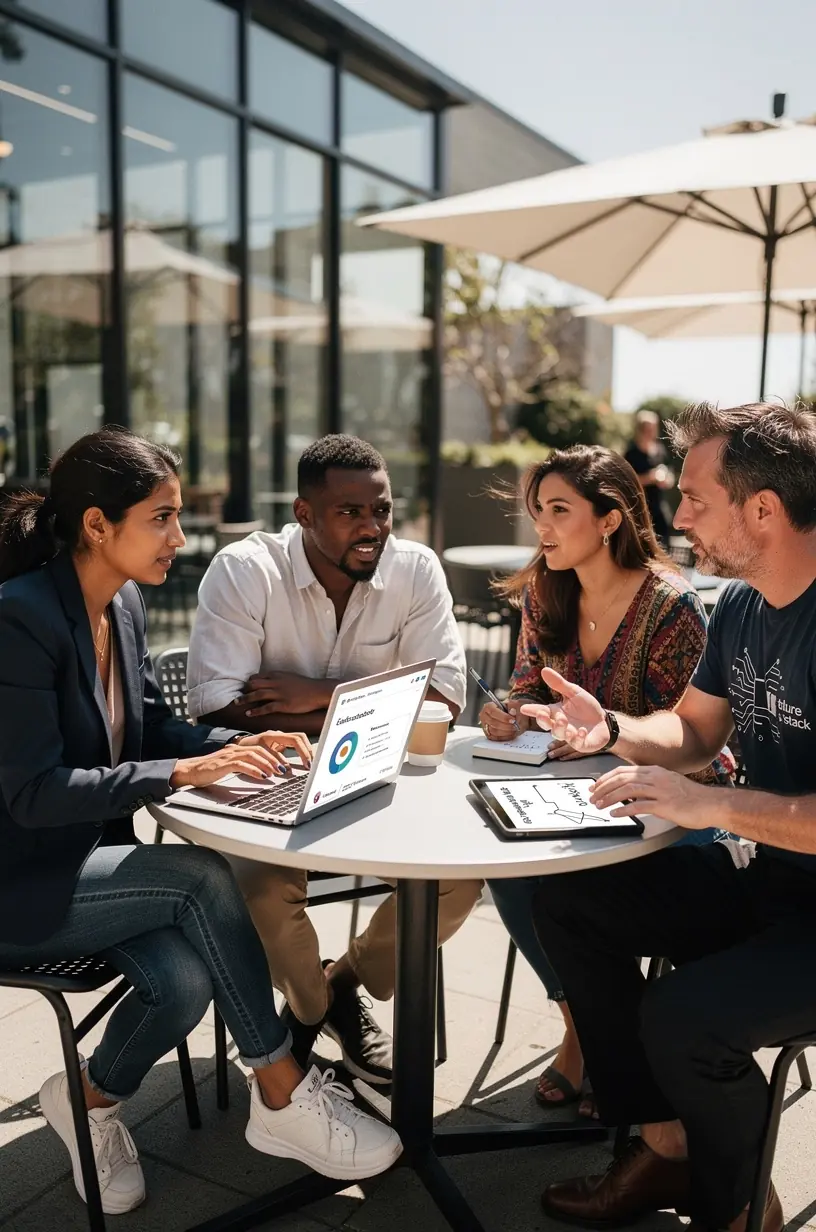 Professional team collaborating on software automation strategy in modern office setting